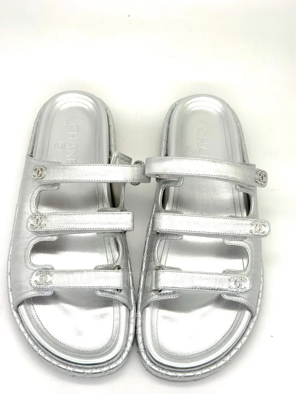 CHANEL 25C Laminated Leather Crystal CC Platform Flat Mules Slide Dad Sandals